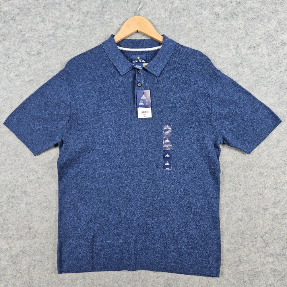 NEW Stafford Men's Navy Heather Textured Blue Polo Shirt Linen/Cotton Size S NWT